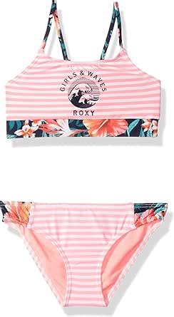Roxy Big Girls Waves Crop Top Bikini And Bottom Set Marshmallow Swim Easy Stripe Amazon