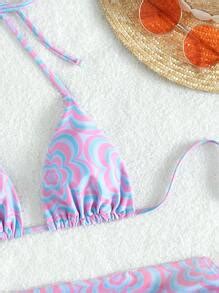 Maiô de Bikini de Cabresto Triângulo Floral saia de praia SHEIN Brasil