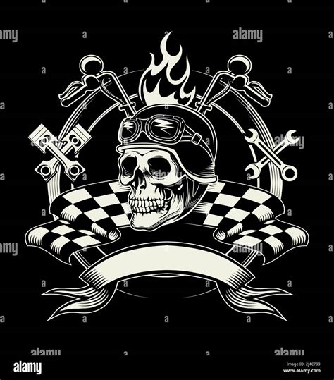 Vector Biker Emblem With Skull Or Dead Motorcycle Racer Speed Biker