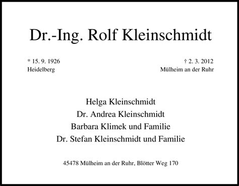 Traueranzeigen Von Rolf Kleinschmidt Trauer In NRW De