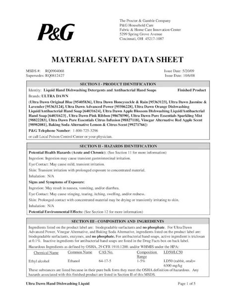 Pdf Material Safety Data Sheet · Pdf Fileultra Dawn Hand Dishwashing Liquid Page 2 Of 5