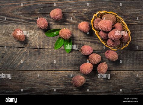 Lychees Fruits On Wooden Background Stock Photo Alamy