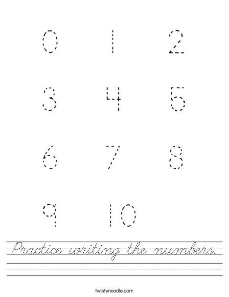 Practice writing the numbers Worksheet - Cursive - Twisty Noodle