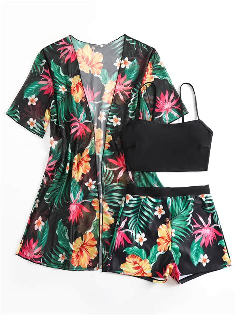 Shein Swim Vcay Tropical Print Bikini Set Wireless Cami Top Boxer Shorts Open Front Kimono