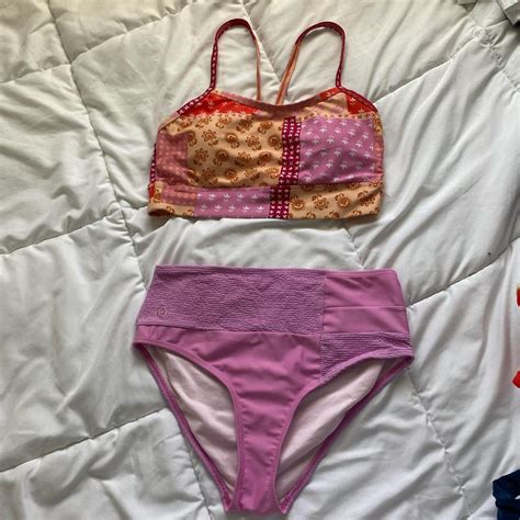 Pink And Orange Bikini Set Beachwear Rarely Worn Depop