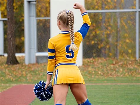 Cheerleader Yellow Uniform Knee Socks Blonde Braided Hair Bending Over Spreading Legs Back