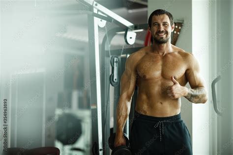Fitness In Gym Sport And Healthy Lifestyle Concept Handsome Athletic Man With Naked Torso