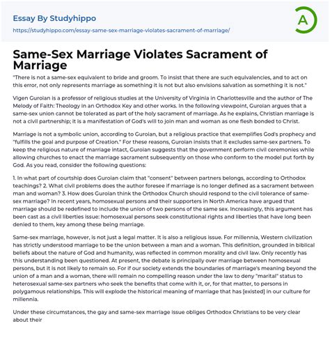 Same Sex Marriage Violates Sacrament Of Marriage Essay Example StudyHippo