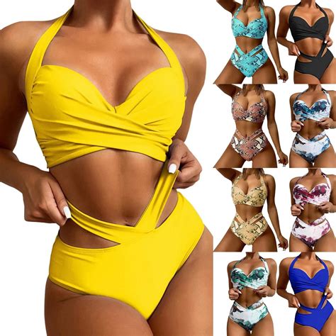 Sólido halter cruz bandagem bikini maiô mulher bandeau conjunto de cintura alta bikini bottoms