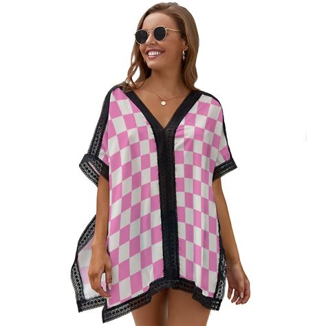Pink White Check Checkerboard Womens Beach Cover Up Oversized Lace Bikini Swimsuit Coverups