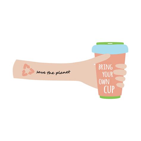 Bring your own cup text Mug in a hand. Reusable concept. Use less. Eco
