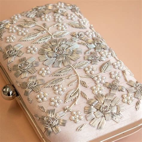 Asha Nude Pink Silver Embroidered Clutch By Atiya Choudhury