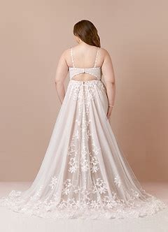 Azazie Devi Diamond White Nude A Line V Neck Lace Tulle Dress Azazie CA