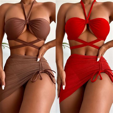 3 Pack Criss Cross Halter Bikini Swimsuit With Cover Up Women Bathing Suit Thong Beach Dress