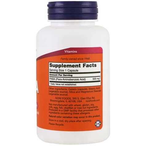 Now Foods, PABA, 500 mg, 100 Capsules - iHerb.com