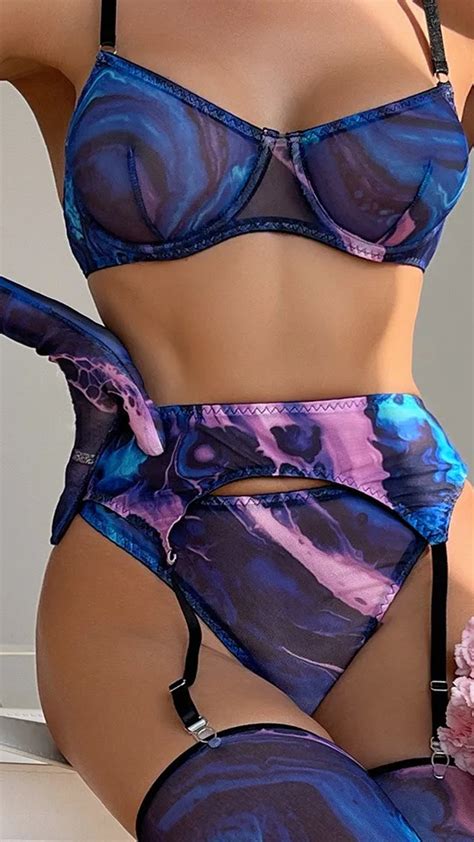 Women Tie Dye Garter Belts And Stocking Sets Sexy Lace Mesh Lingerie Matching Bra And Panty Sets