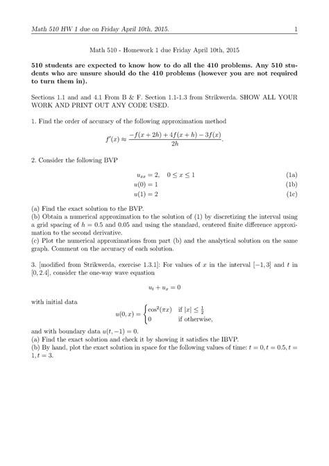 Math510 Hw1 Math 510 HW 1 Due On Friday April 10th 2015 1 Math 510