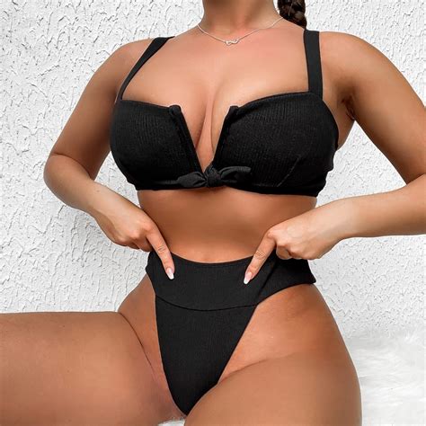 Bikini Women Swimsuit Black V Neck Ribbed Bikinis Set Sexy Thong