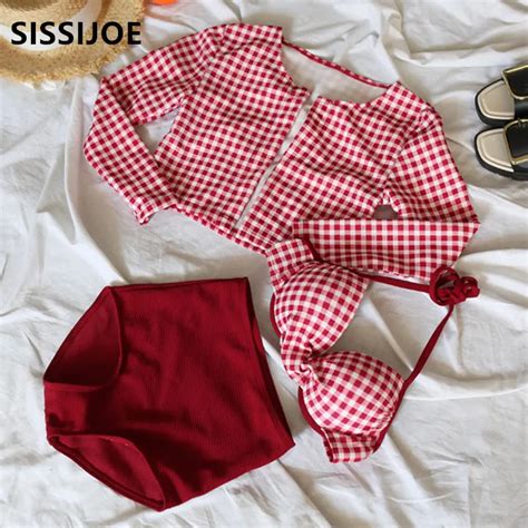 Push Up Swimwear Korea New Style High Waist Bikini Set Gird Long Sleeve Cover Up Swimsuit Bath