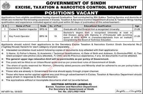 Excise Taxation And Narcotics Control Department Sindh Jobs 2023 May Inspectors And Key Punch