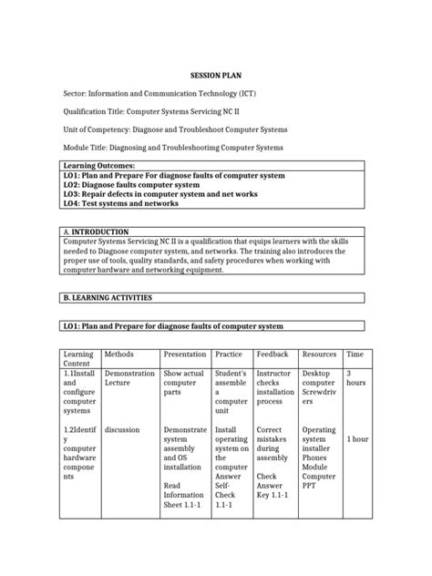 tesda session plan template style  computer network
