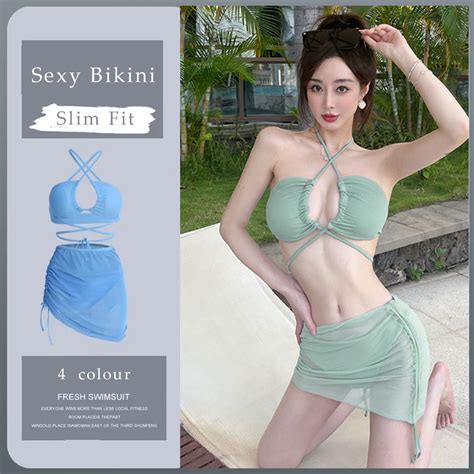 Bikini New Style Tether Women S Three Piece Swimsuit With Hip Wrap Veil Holiday Travel European