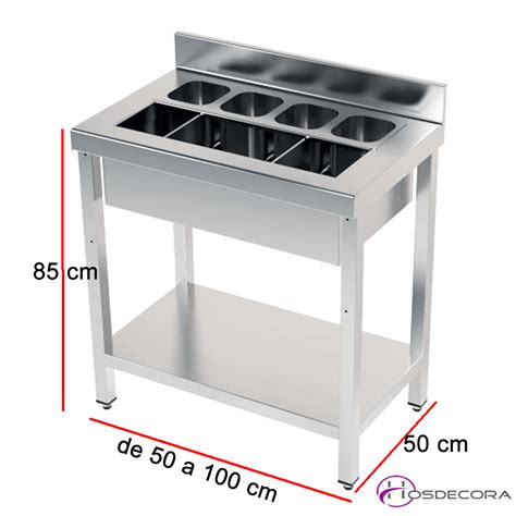 Mesa De Acero Inox Con Cubeta Estante Y Peto De Fondo Cm