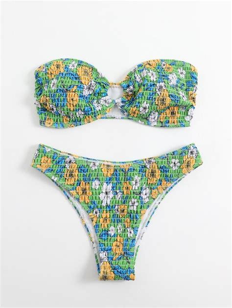 SHEIN Swim Vcay Floral Print Bikini Set Smocked O Ring Linked Bandeau Top Cheeky 2 Piece