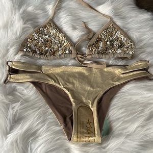 Luli Fama Miami Swim Luli Fama Reversible Gold Metallic Bikini Vs Beaded Shell Bikini Top