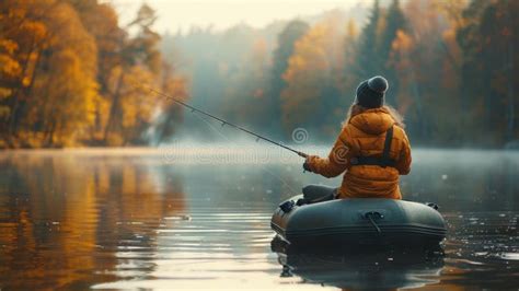 A Girl Fishing From A Boat On A Lake Woman Fisherman Fishing From A