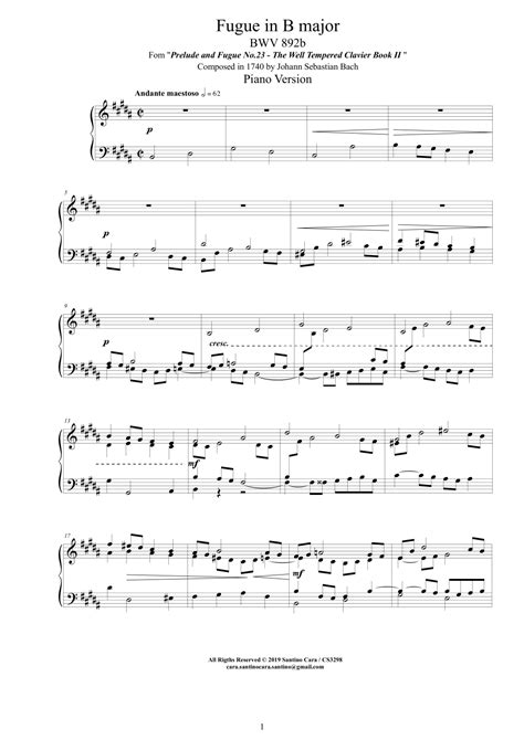 Bach Fugue In B Major Bwv B Piano Version Arr Santino Cara