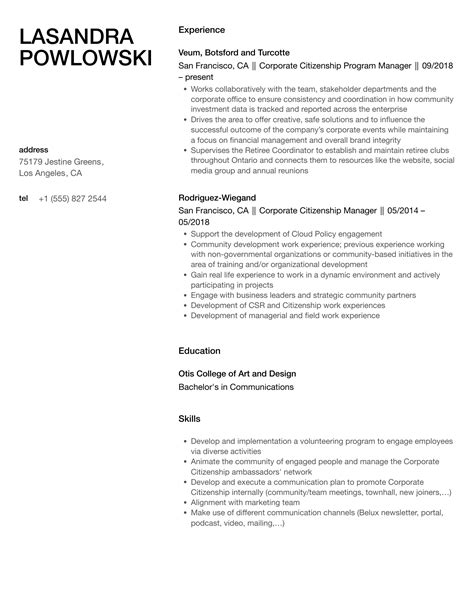 Corporate Citizenship Resume Samples | Velvet Jobs