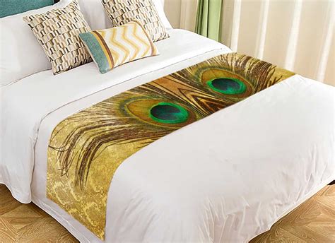 PKQWTM Vintage Peacock Feather Bed Runner Bedroom Bedding Decor Bedding