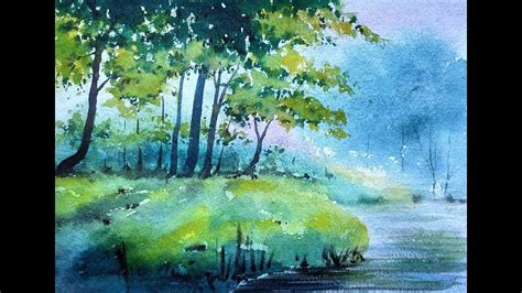 Watercolor Painting Landscape Trees Silhouetted Against A Lake