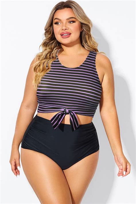 High Neck Purple Striped Knotted Crop Bikini Top Meet Curve Meet