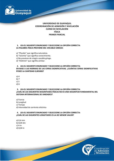 Física Primer Parcial UNIVERSIDAD DE GUAYAQUIL COORDINACIN DE