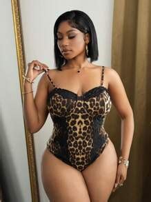 Slaydiva Plus Size Sexy Elegant Women Leopard Lace Patchwork Bodysuit Lingerie For Valentine S