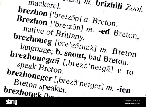 'Breton' translated in a Breton-English dictionary Stock Photo - Alamy