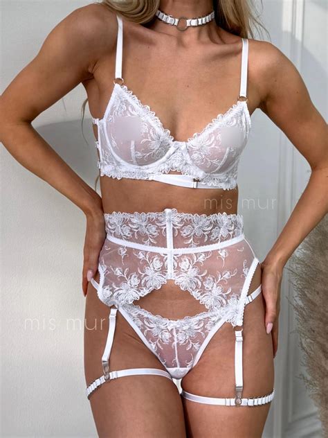 White Bridal Lingerie Sheer Lace Wedding Lingerie Set With Garter Belt Elegant Boudoir Honeymoon