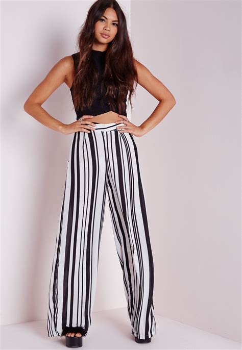 Missguided Striped Wide Leg Pants Monochrome Striped Wide Leg