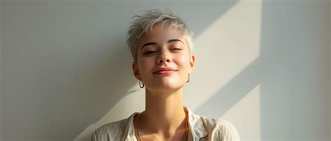 Premium Photo Joyful Woman With Short Bleached Hair In Light Clothes