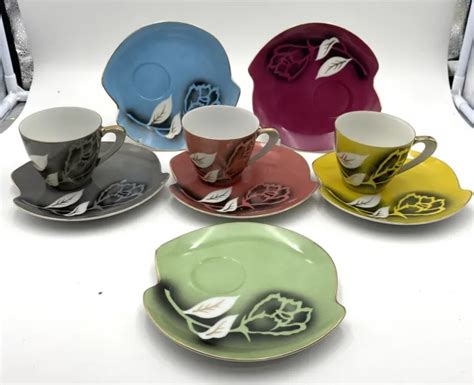 Vintage Tea Cups Saucers Japan Mid Century Rainbow Floral Partial Set