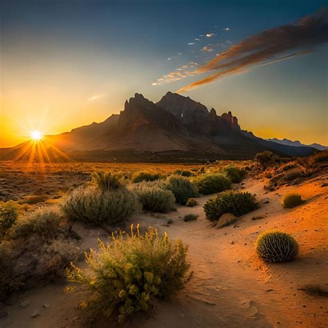 Uma paisagem desértica um pôr do sol e uma montanha ao fundo