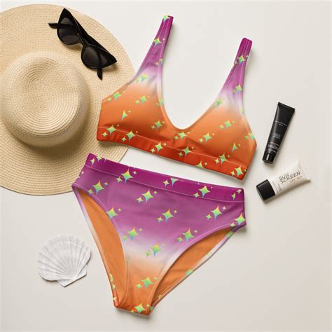 Subtle Lesbian Sunset Pride Flag Colors High Waisted Bikini Pride Bikini Lgbtq Swimsuit