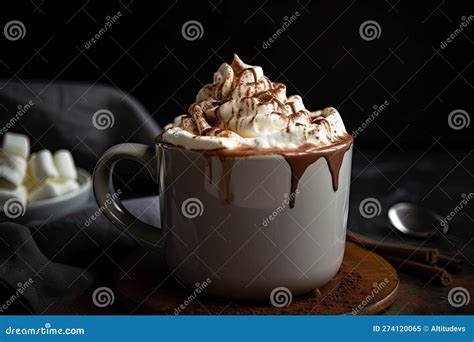 A Steamy Mug Of Rich Hot Chocolate Topped With Whipped Cream And A Sprinkle Of Cinnamon Stock