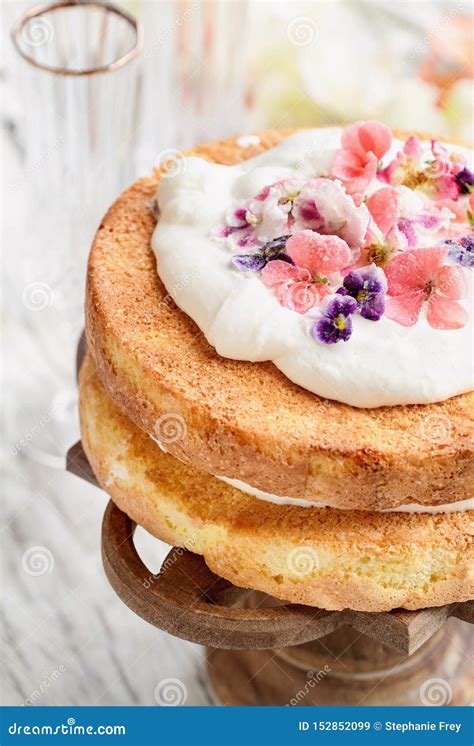 Naked Victoria Sponge Cake With Whipped Cream And Sugared Flowers Stock Image Image Of Fresh
