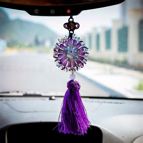 Purple Peony Flower Crystal Glass Car Hanging Pendant With Tassel&Knot ...