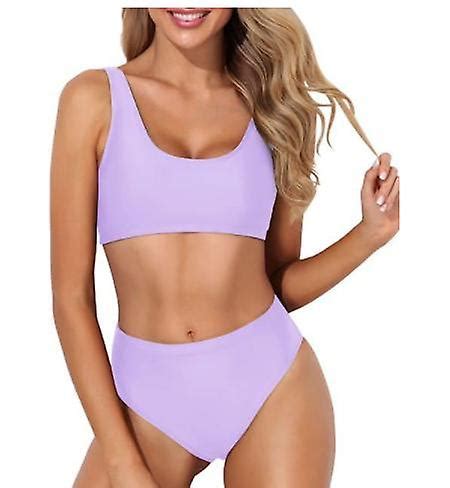 Women New Design Two Piece Scoop Neck Bikini Crop Top High Cut Swimsuit Sporty High Waisted