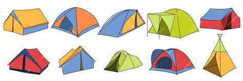 Коллекция палаток цветного контура нарисованная вручную палатка в стиле ...
