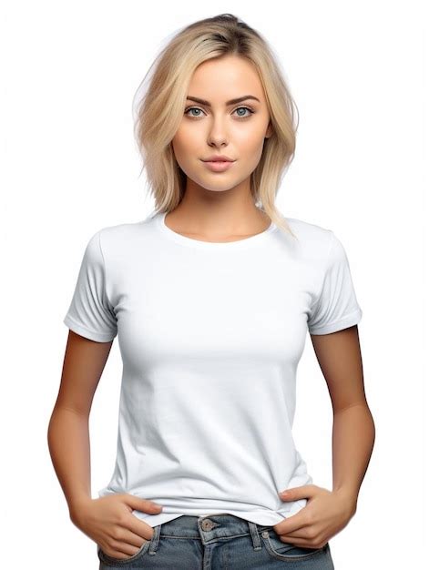 Premium AI Image A Woman With Blonde Hair Wearing A White Shirt That Says The Word On It